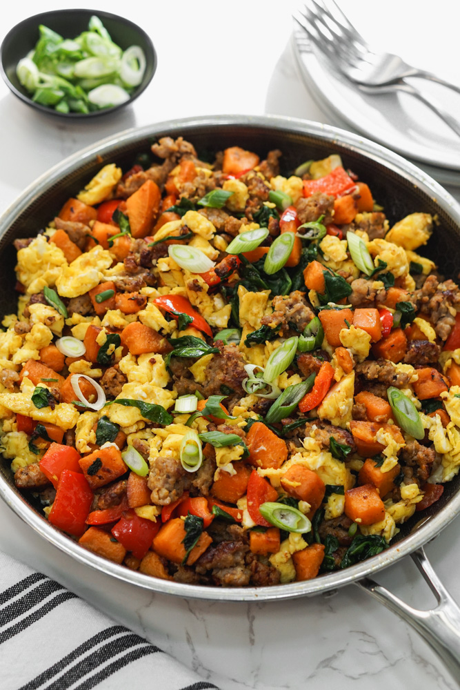Sweet Potato and egg scramble in skillet