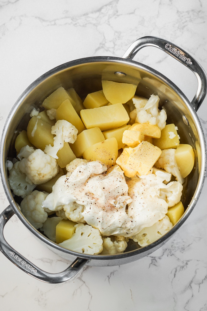 cauliflower and potato mash in pot
