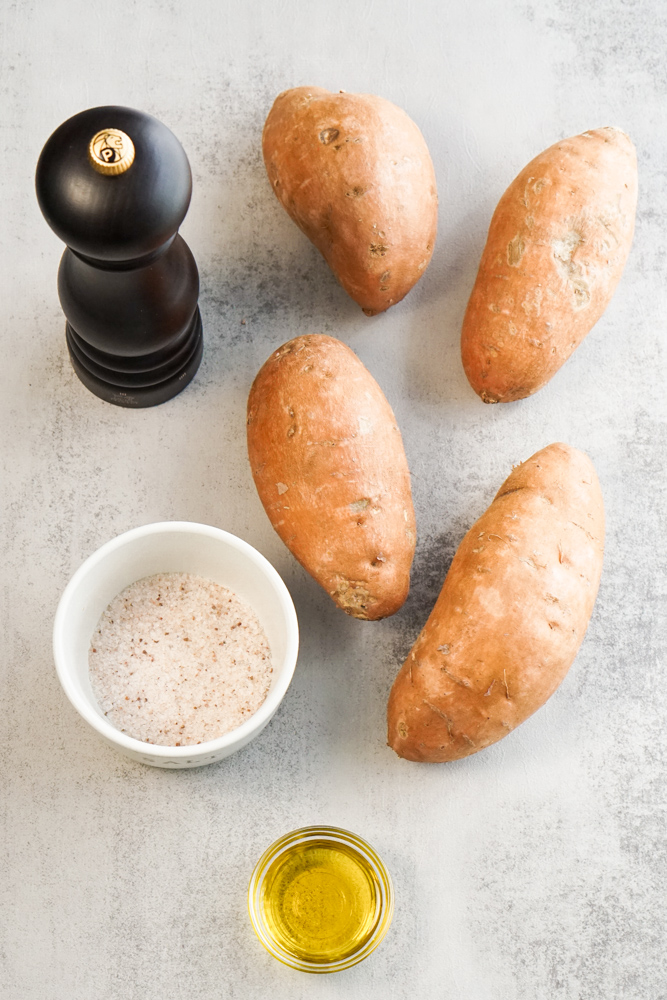 ingredients for oven roasted sweet potatoes include salt, pepper, oil and sweet potatoes