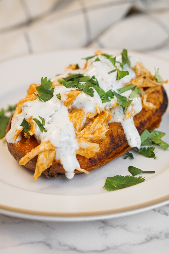 Buffalo chicken stuffed sweet potato