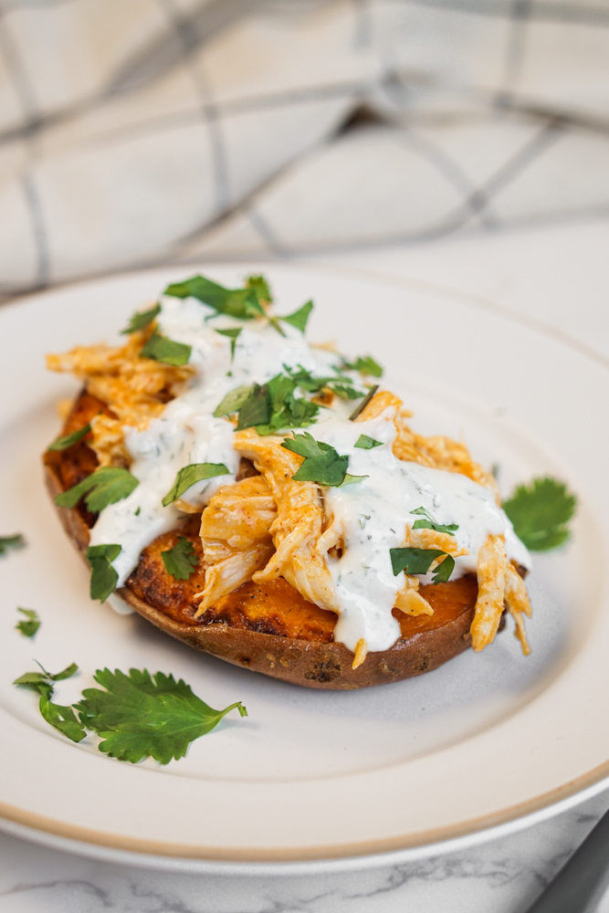 Buffalo chicken stuffed sweet potato